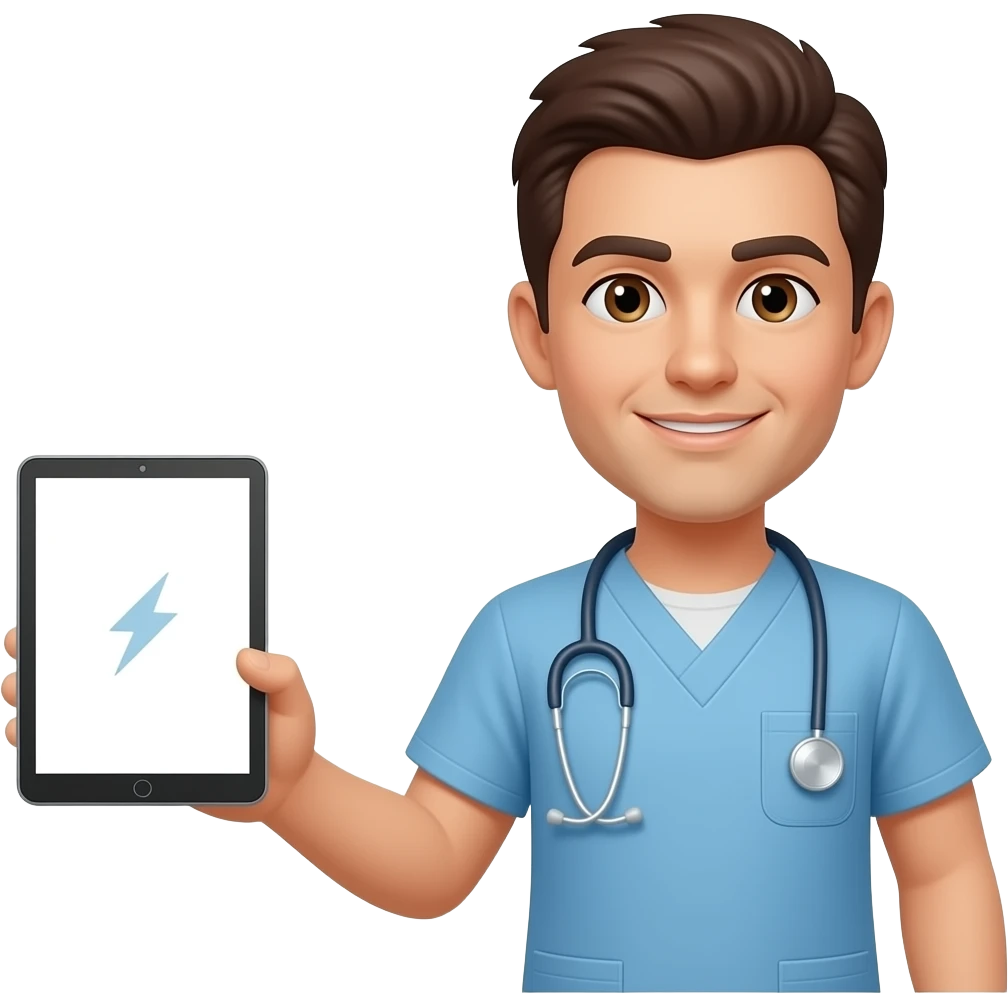 Healthcare worker holding a tablet away with a small break icon emoji