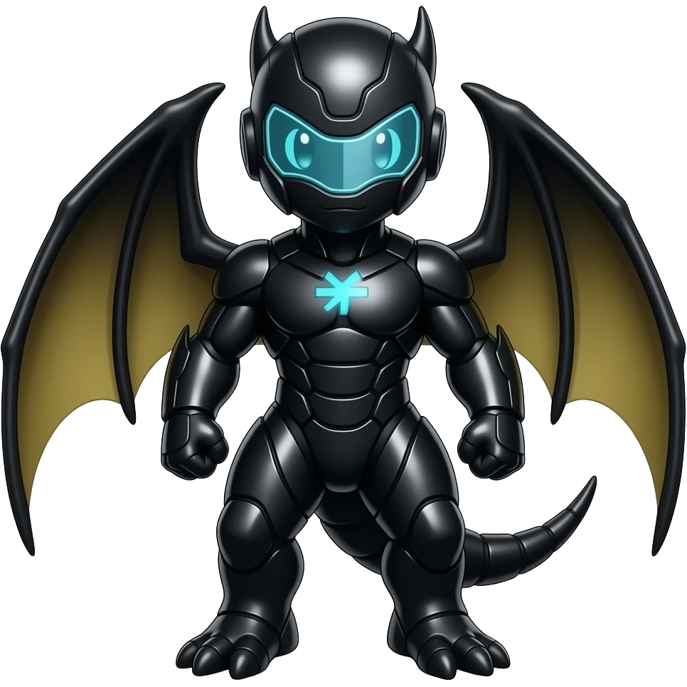 a shiny black Genesect-Flygon-Raptor-Fakémon—hybrid with a futuristic visor-helmet full body emoji