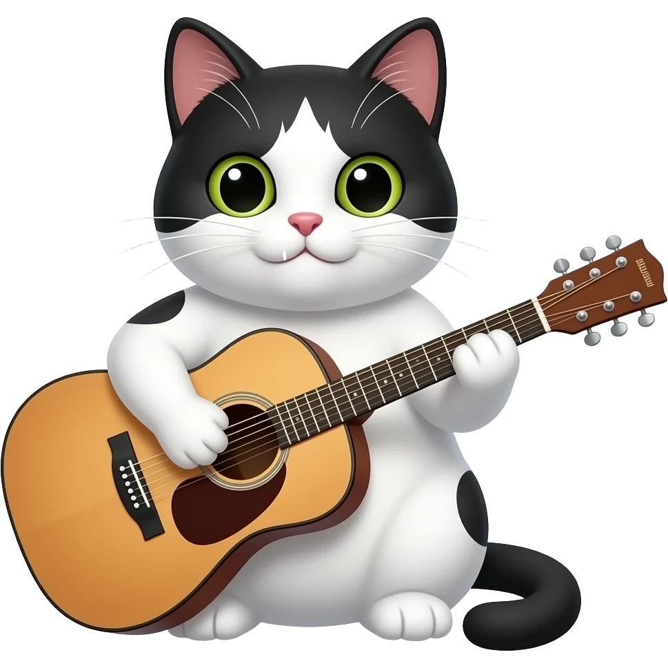 white and black cat sitting pose and playing guitar emoji