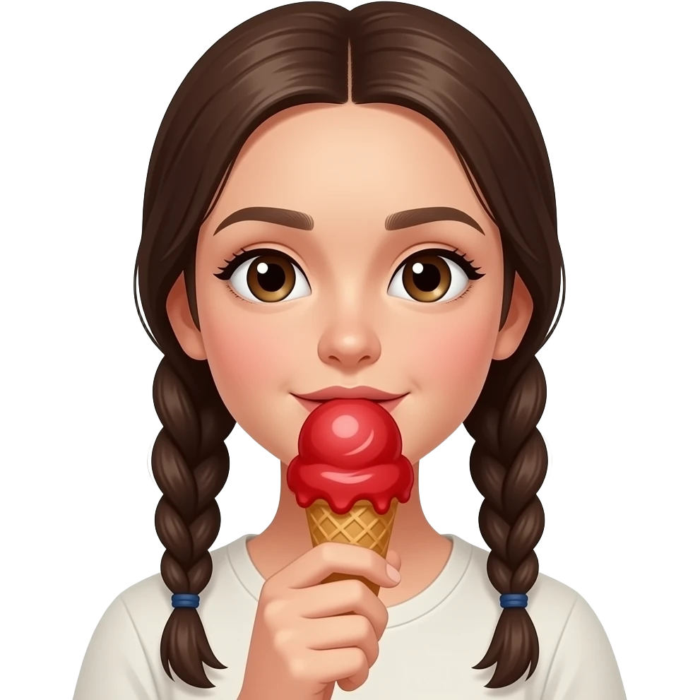 a girl with two sided braid holding a ice cream with vibrant red color scope close to mouth emoji