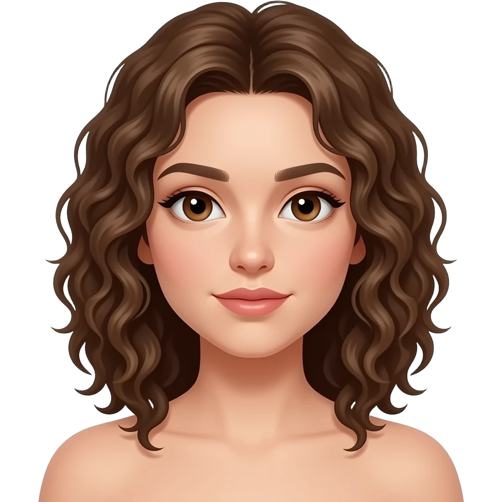 Sie hat eher starke so diese nassen und Schulter lang locken die man immer mit den fingern machen soll die fangen eher unten an und sind nicht so voluminös . Braune Augen. Sie hat eher ein junges Gesicht emoji