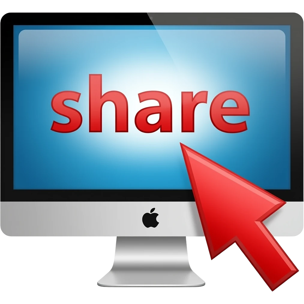 a computer screen with a big red arrow “share” symbol pointing at it emoji