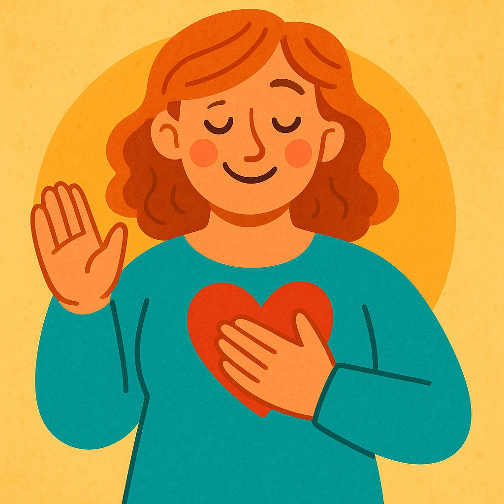 gentle caring woman with heart symbol, exuding warmth and reassurance, soft inviting illustration style, Mutmacherin emoji