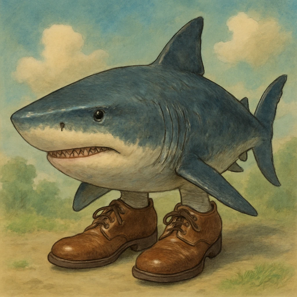 realistic shark wearing shoes, realistic ghibli art style emoji