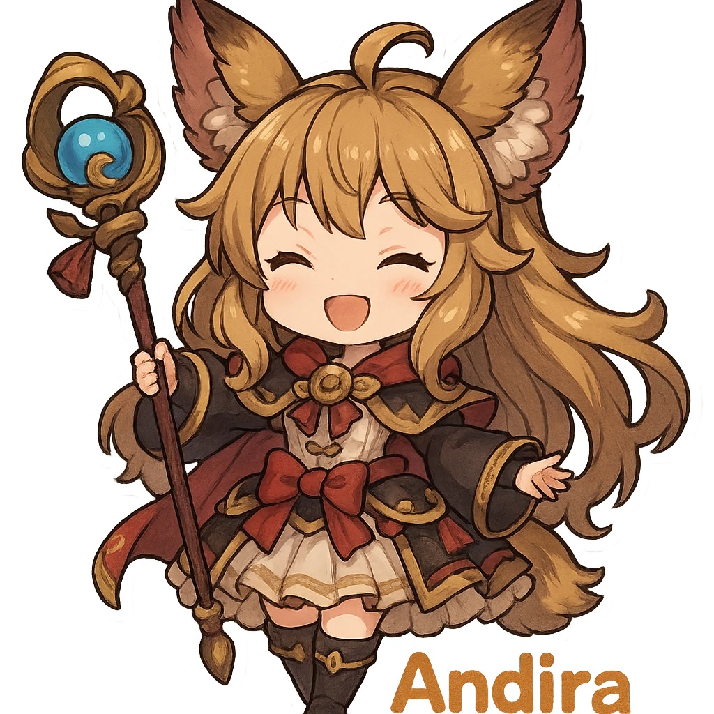 Andira from Granblue Fantasy, chibi style, holding her staff, cheerful expression, detailed costume, animal ears, vibrant colors emoji