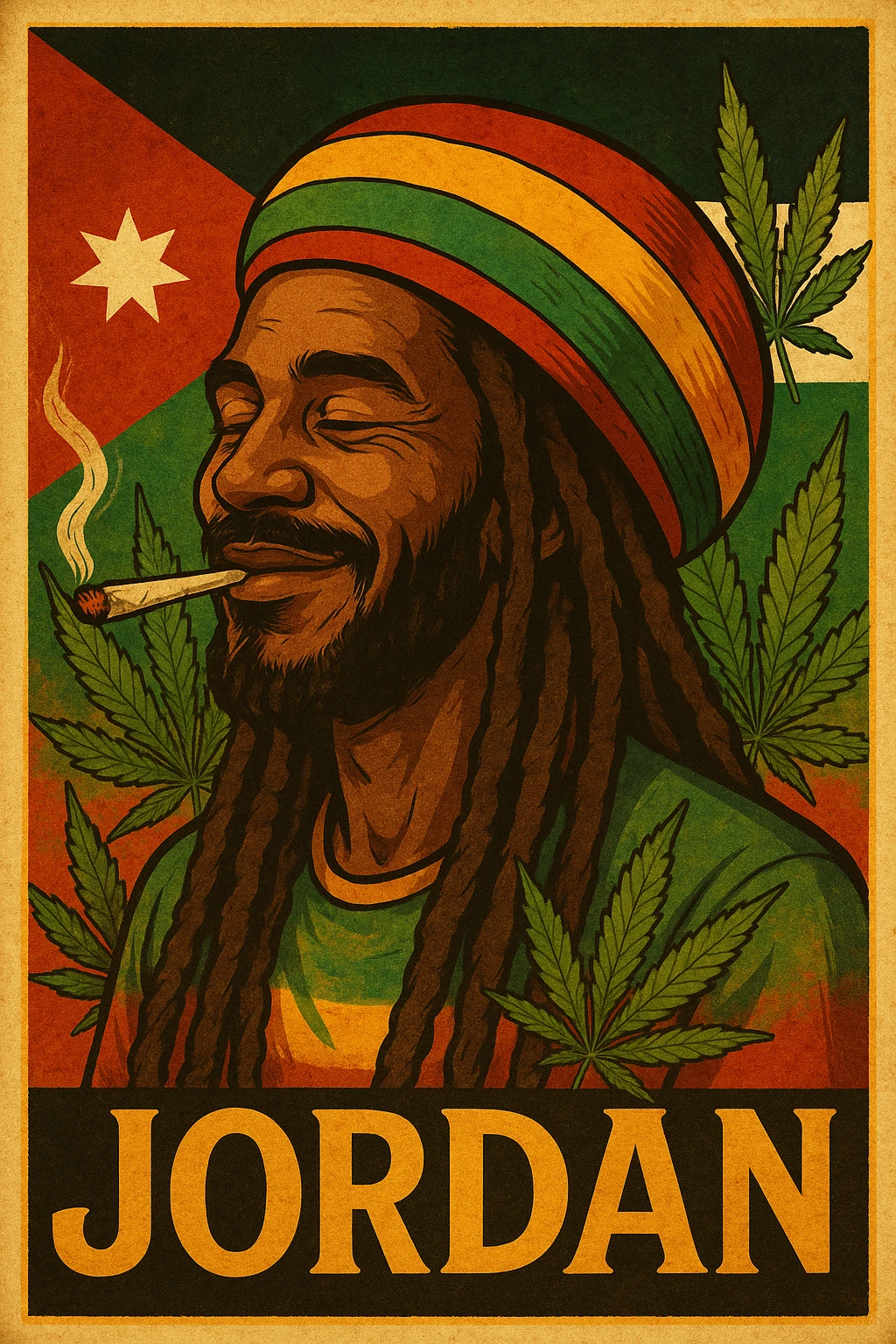 A digital vintage-style poster illustration of a Jordanian Rasta man with dreadlocks, wearing a red, yellow, green striped tam hat. He is smiling peacefully with a lit herbal spliff in his mouth. The background features the official Jordan flag — black, white, green horizontal stripes with a red triangle and a white 7-point star — accurately displayed behind him. Cannabis leaves are tastefully arranged around the composition, and the poster includes Rasta color textures blended with the Jordanian palette. Use a retro poster style with warm, slightly aged textures, bold outlines, and soft shading to evoke a soulful reggae vibe that honors both Jordanian pride and Rasta spirit. The mood is chill, powerful, and respectful emoji