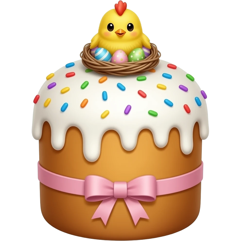 панеттоне в форме креста золотистого цвета, высокий, с белой глазурью с разноцветной  посыпкой,  с ленточкой вокруг светло розового цвета и украшением сверху в виде гнездышка с очень мелкими  яичками пастельных, желтым пушистым птенчиком с красным гребешком emoji