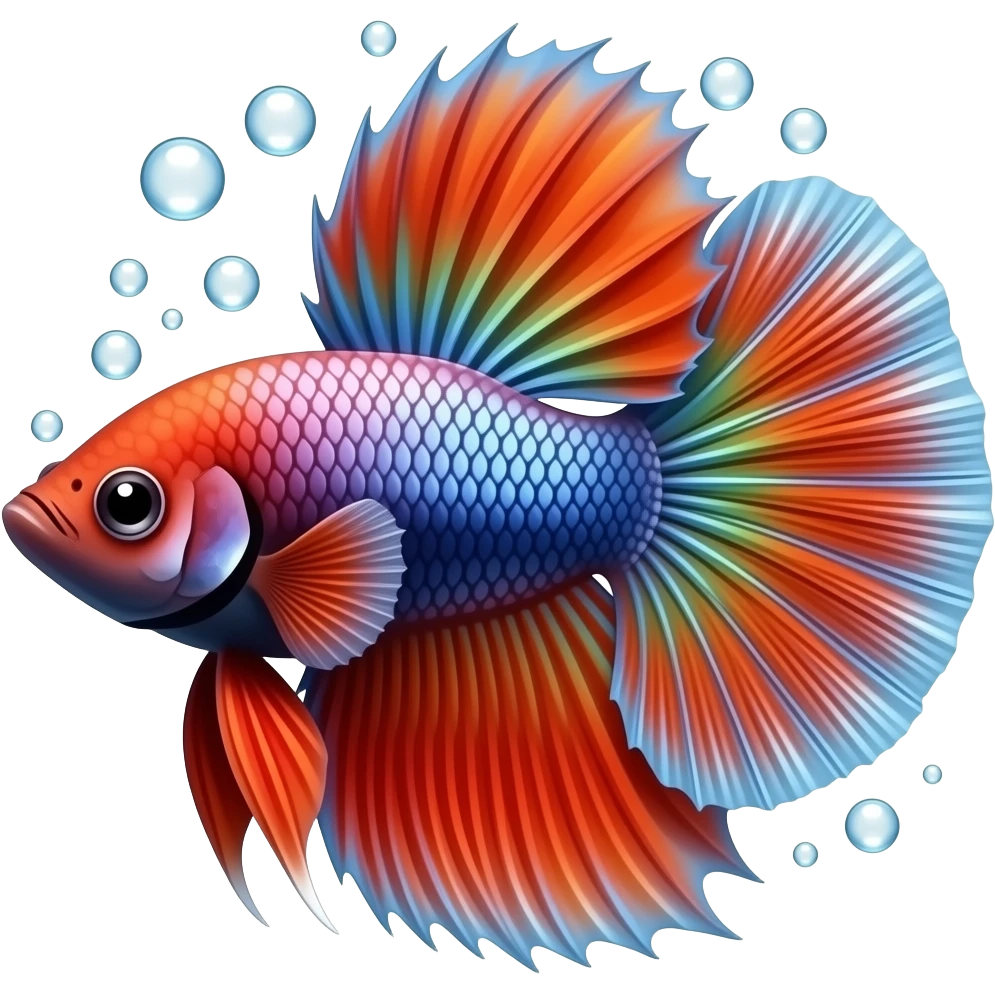Red and orange with some shiny purple blue and green scales Betta fish and bubbles emoji