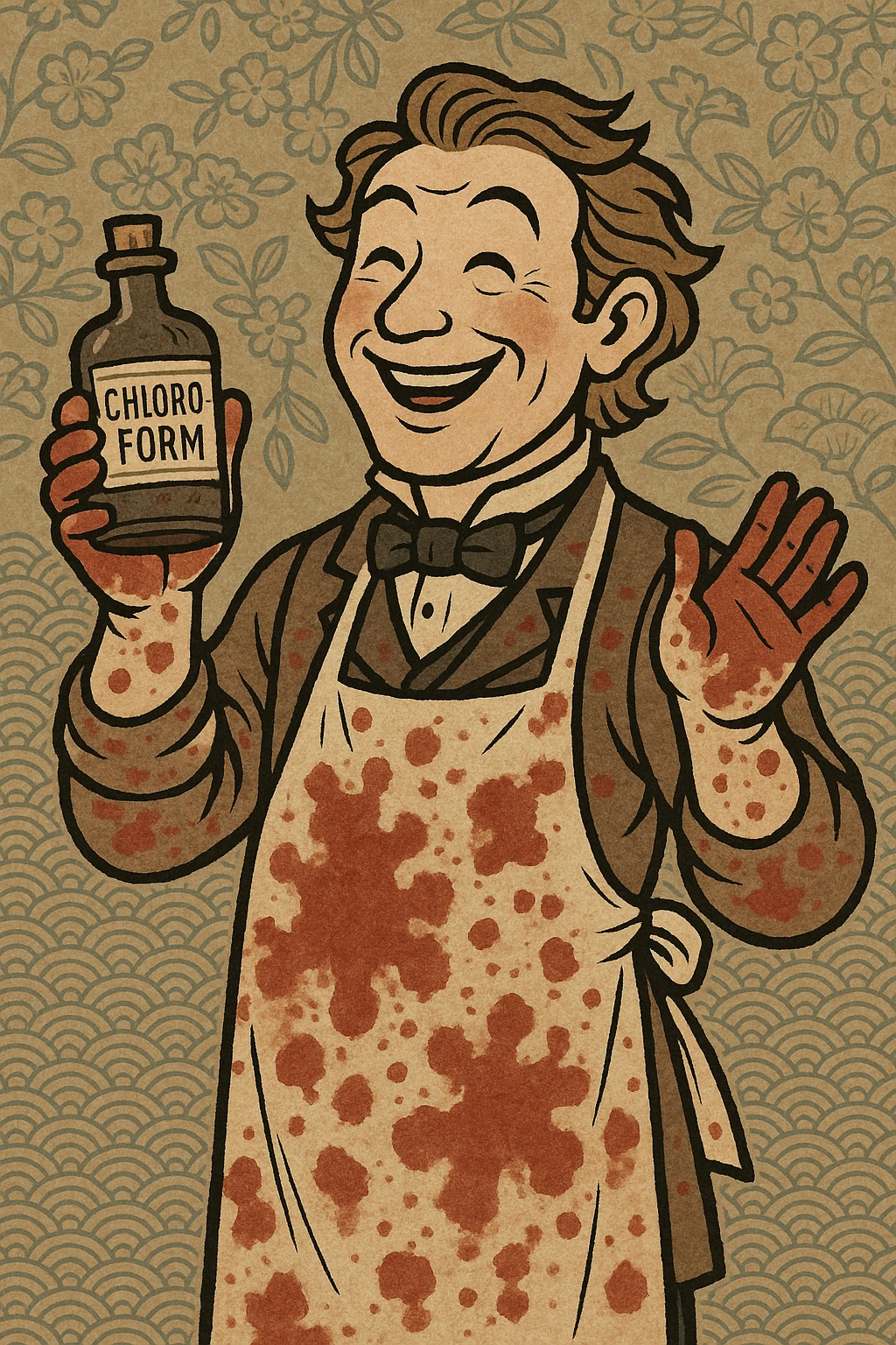 Victorian surgeon looking happy covered in blood stains and holding a bottle of chloroform emoji