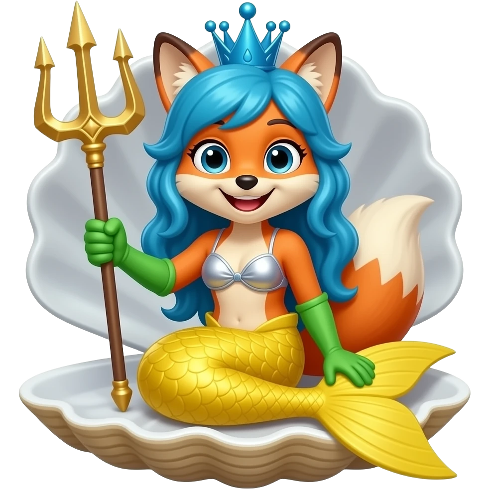 anthro fox  happy yellow mermaid tail  and long green gloves  blue hair crown sliver swimsuit sitting on an open toy clam holding a trident artistic creation, beautiful art cartoon style art kawaii style art clipart art emoji