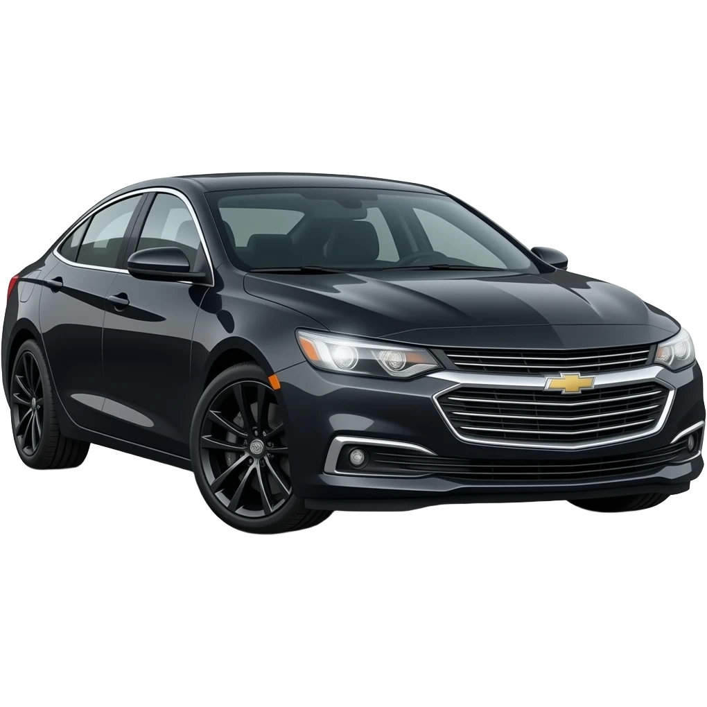 A realistic, high-detail photograph of a glossy black Chevrolet Malibu 2 Turbo Premier sedan with tinted windows and black alloy rims, bright LED headlight balls emitting a dinamic brighting glowing effect emoji
