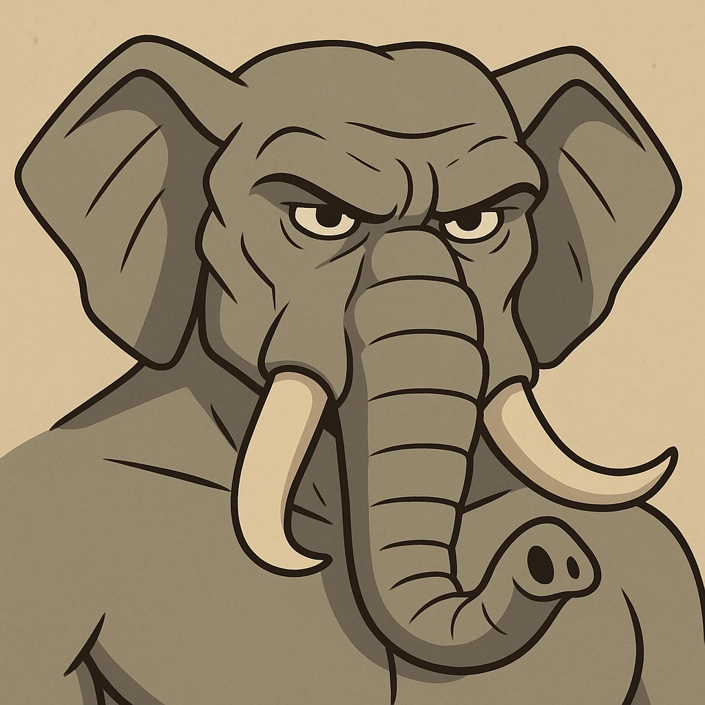 masculine elephant head, cartoon style, chiseled features, intense eyes, robust trunk emoji