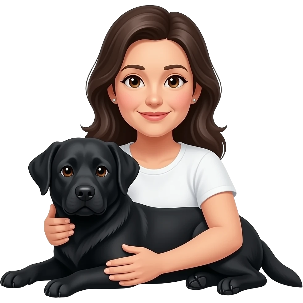 woman, middle aged, long dark hair, small earrings, brown eyes, cuddling black labrador, white t-shirt emoji