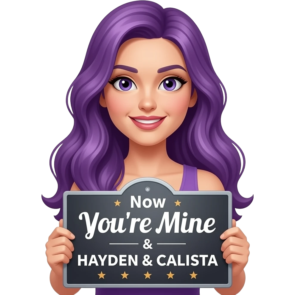 sexy girl with long purple hair holding a Now You're Mine HAYDEN & CALISTA sign emoji