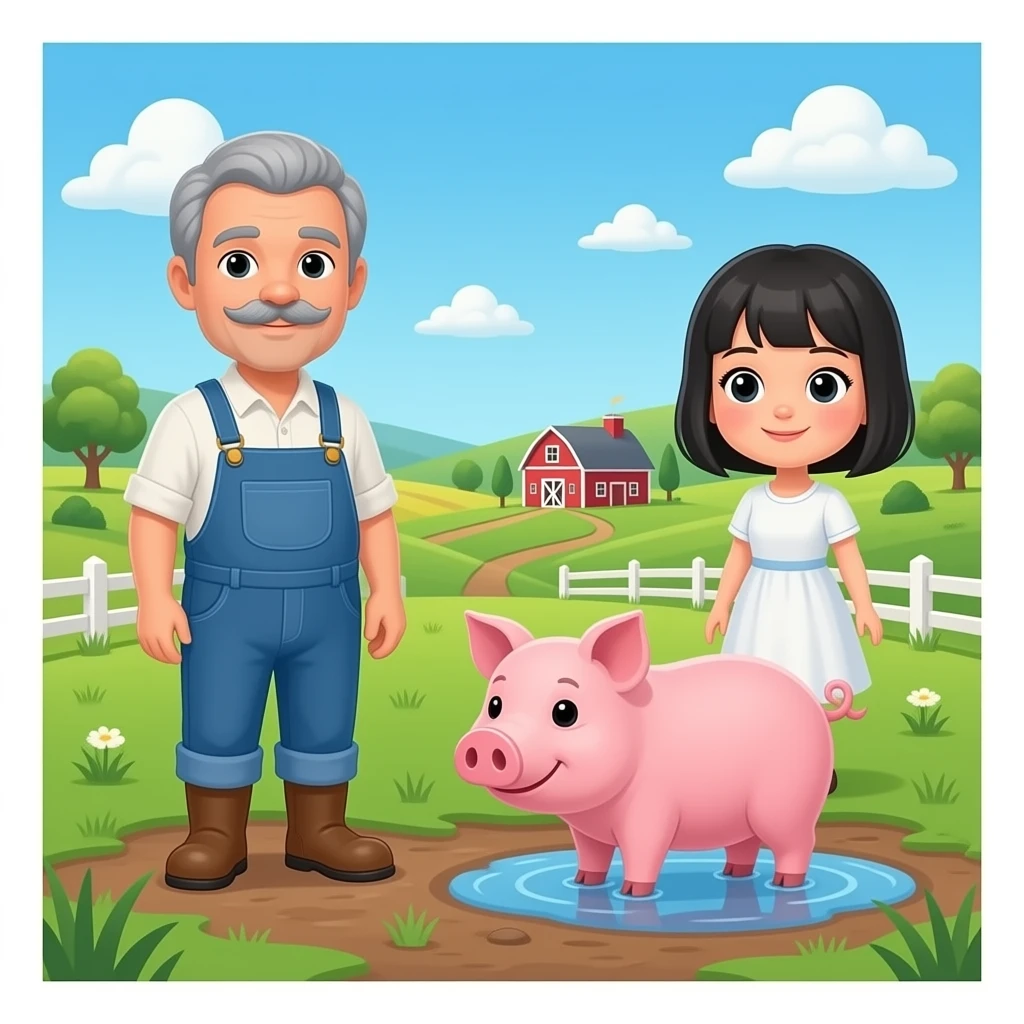 Old McDonald Had A Farm At The Farm There Was A Farmer With Grey Hair And Mustache And A Overalls Pink Pig Is In The Puddle And Black Bob Hair Girl And White Dress emoji