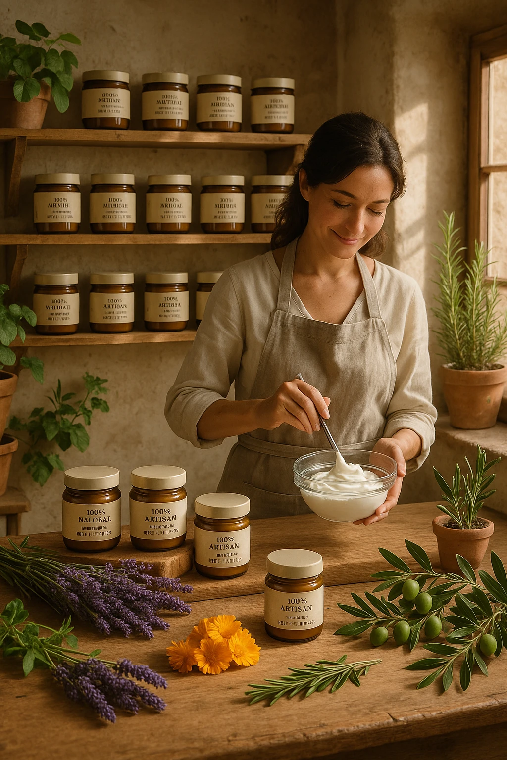 A realistic, high-quality photo of a small artisan skincare laboratory in Italy, with wooden shelves displaying beautifully packaged glass jars of natural creams made with herbal and botanical extracts, olive oil, and essential oils, clearly labeled ‘100% Natural’ and ‘Artisan Made in Italy’. The scene includes a bright, sunlit rustic workspace with plants, fresh lavender, rosemary, calendula flowers, and olive branches on the wooden counter, symbolizing purity and nature. A female artisan in a linen apron is carefully mixing creams in a glass bowl, smiling softly. The environment feels warm, authentic, and eco-friendly, emphasizing the concept of handcrafted skincare without synthetic chemicals in italiano emoji
