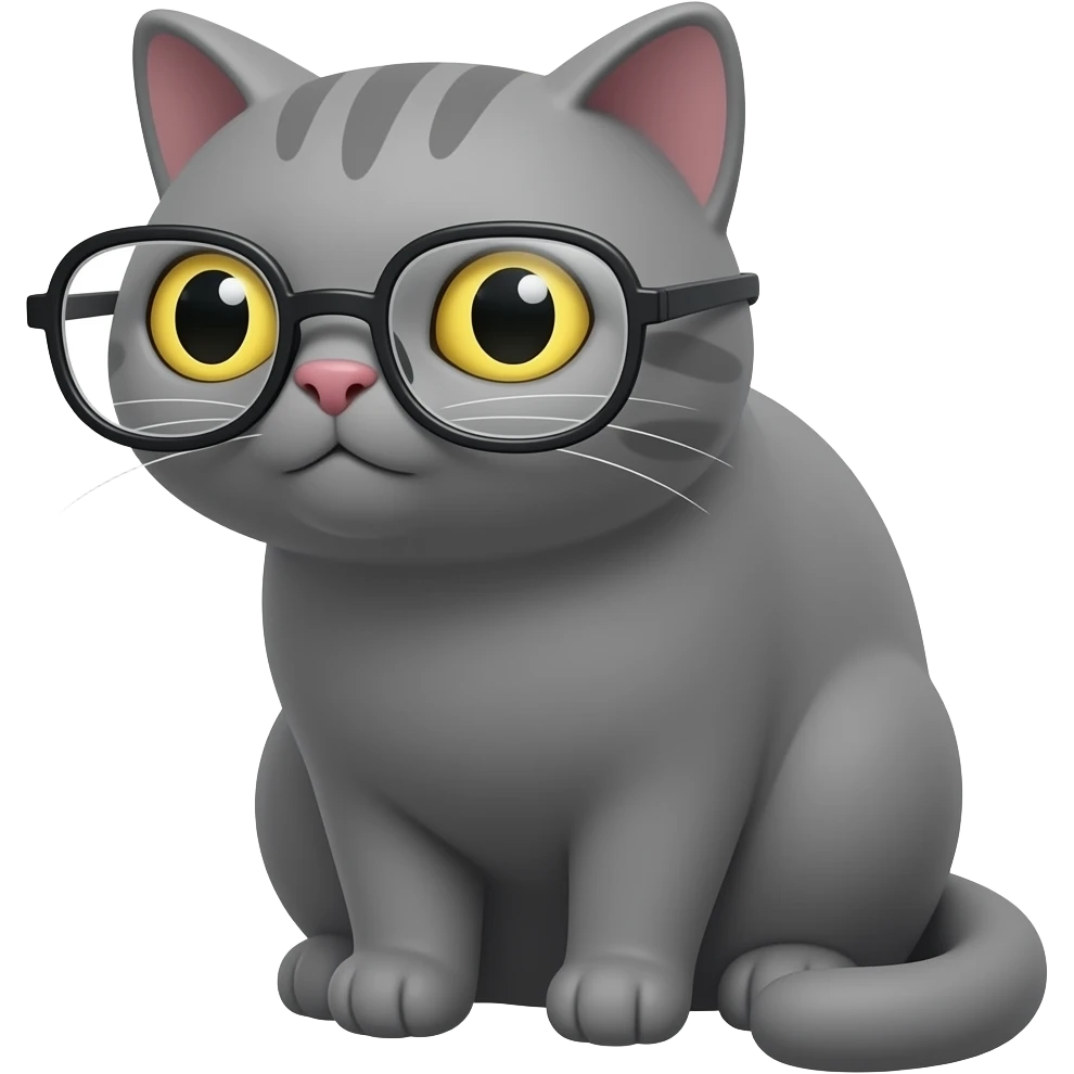 solid grey cat, yellow eyes, with reading glasses emoji