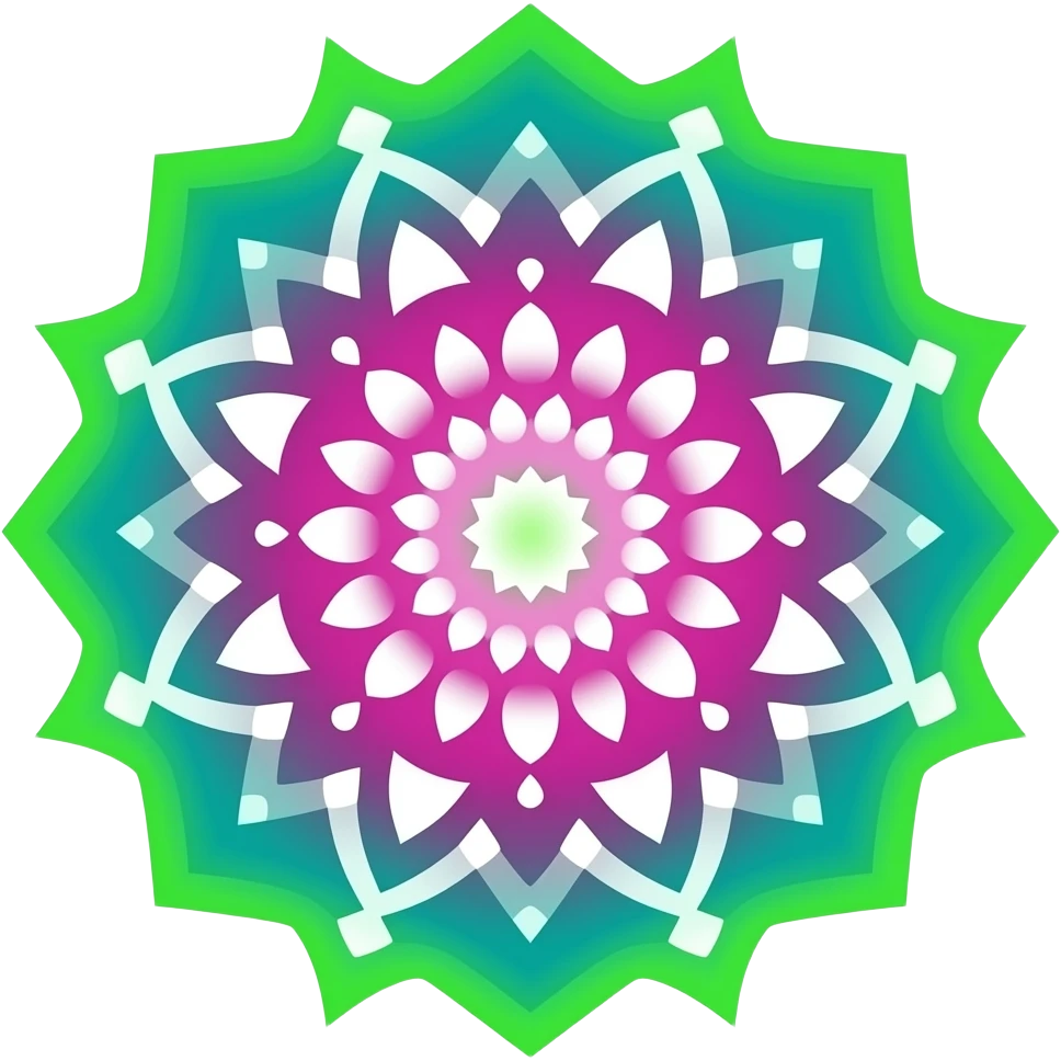 Realistic neon lime green to dark teal, to fuchsia pink, to white mandala pattern, high definition. Must have no emoji faces, no emoji icons, no human figures. emoji