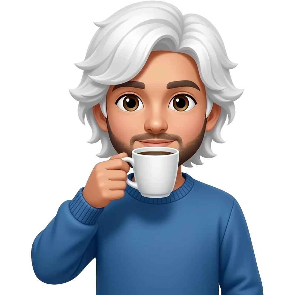 Without facial hair, Pakistani boy with long white hair drinking coffee, wearing blue sweater, no facial hair - bare face emoji
