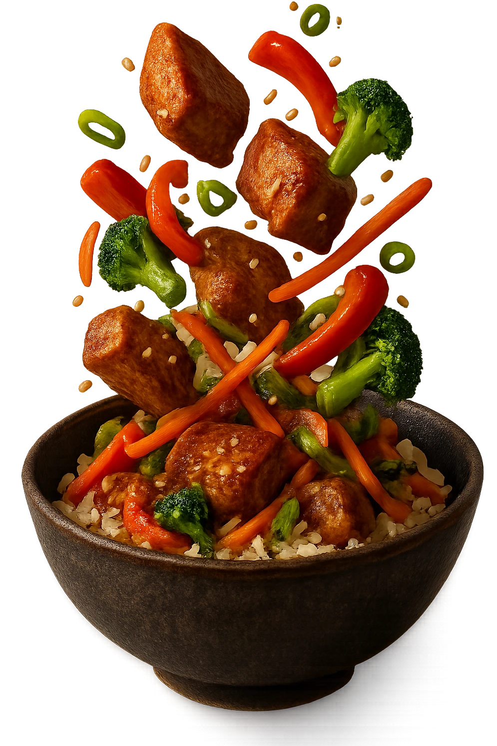 bowl in cui cade cibo da ristorante, iperrealistico 4k emoji