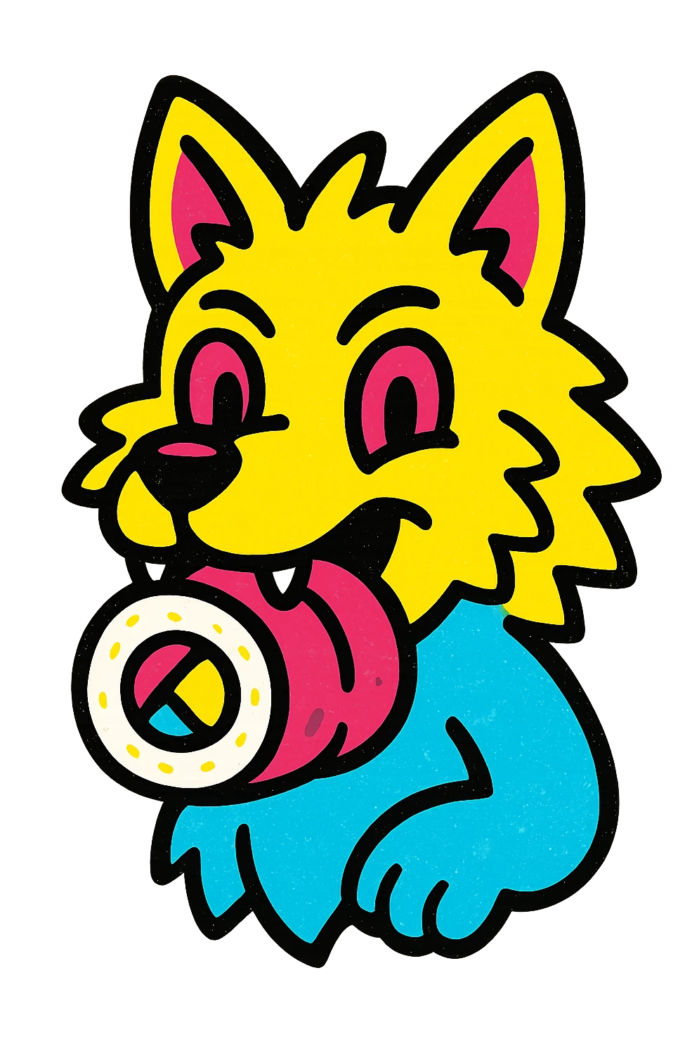 stylized wolf gripping a sushi roll in its mouth, bold colors emoji