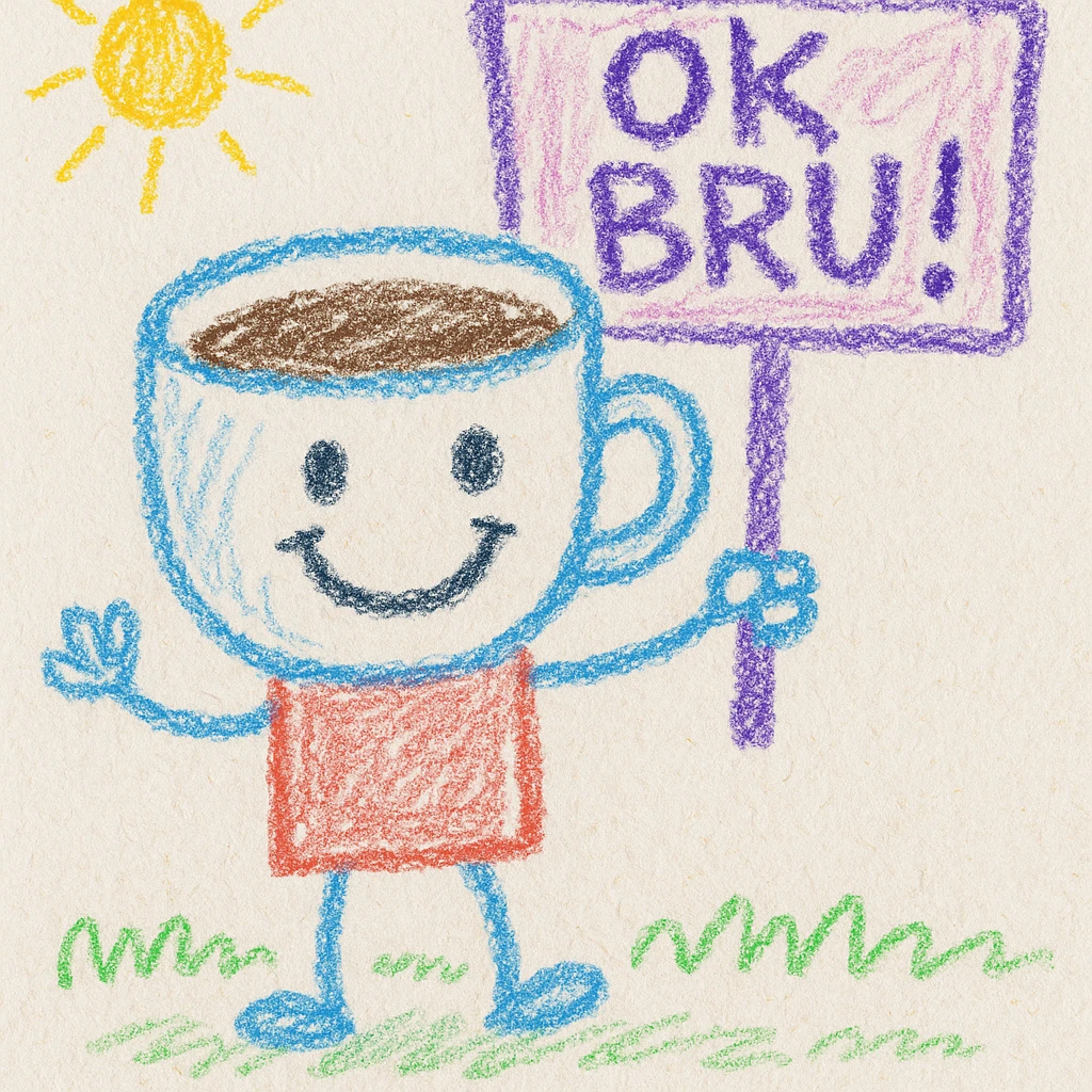 cheerful coffee cup character (coffee man) holding a sign that says 'OK BRU!' with playful text, smiling, hand-drawn with chalk texture, pastel colors, on a dark background, children doodle style emoji