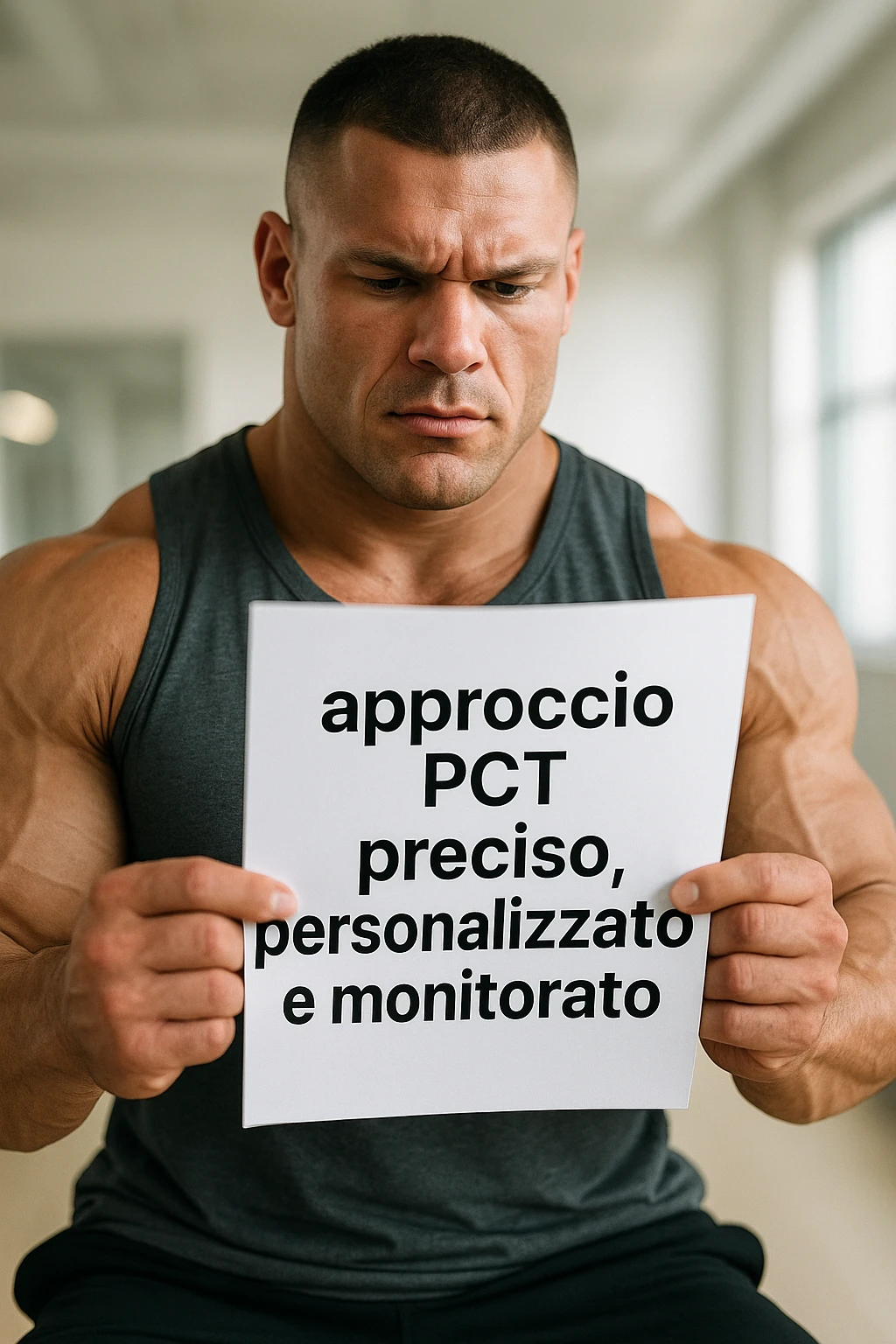 BODYBUILDER CHE LEGGE UN FOGLIO CON LA SCRITTA "approccio PCT preciso, personalizzato
e monitorato" emoji