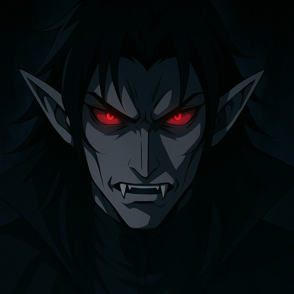 anime vampire face, glowing red eyes, shadowy background, menacing expression emoji
