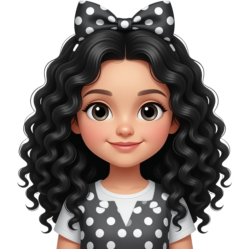 Niña pequeña  con pelo negro muy rizado largo y lazo emoji