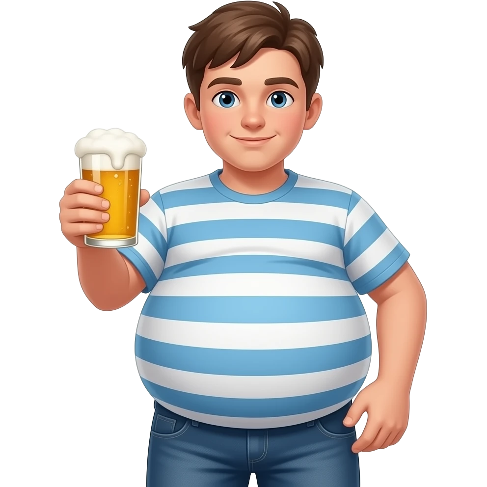 Zrób chłopak 13 latek z piwny brzuchem kształt jak piłka twarty brzuch i bardzo ogromny brzuch i trzyma piwo emoji