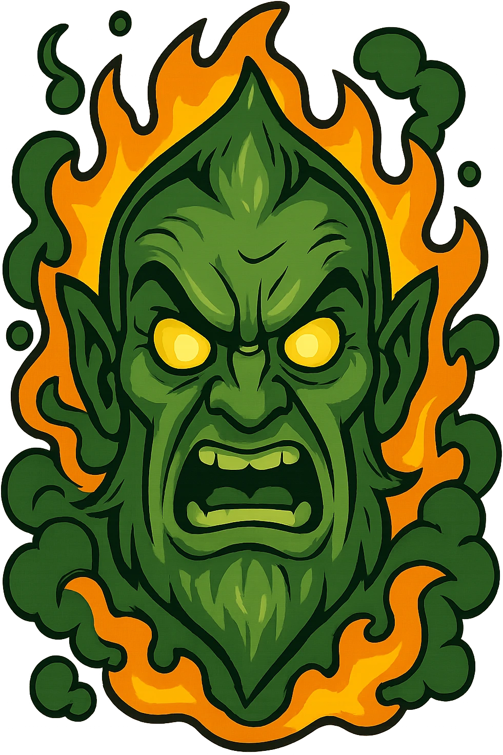 Add dramatic smoke and fire effects around the fierce green Wizard of Oz head, keeping the style intense and magical, with no background. Maintain the green frog meme style with an intense magical atmosphere and no background. emoji
