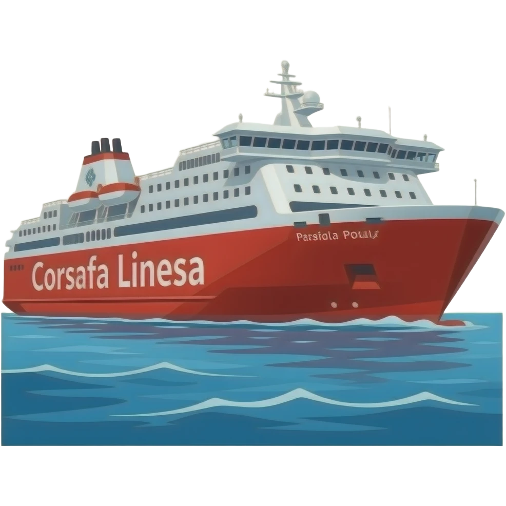 "Emoji du ferry Pascal Paoli de Corsica Linea, vue 3/4, coque rouge, style cartoon emoji, couleurs vives, contours nets, mer en fond, rendu propre et moderne emoji