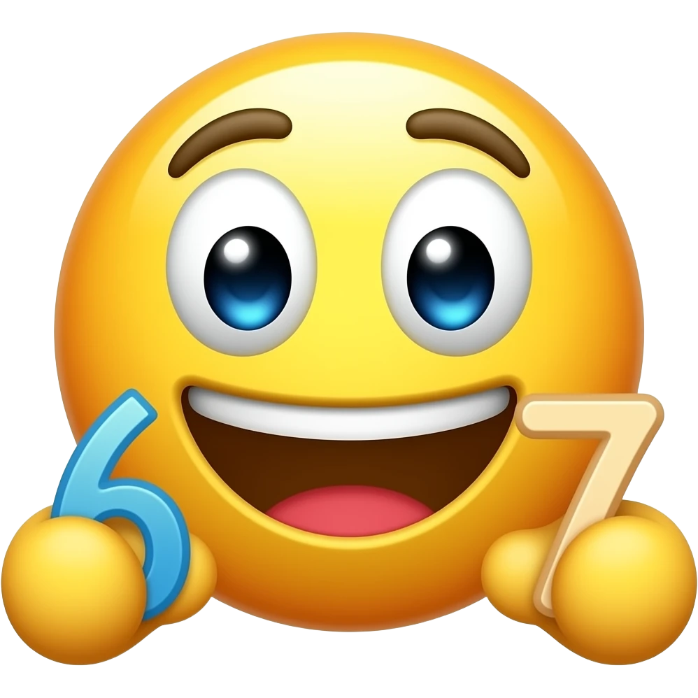 The classic yellow emoji with a grinning face has two hands in front of it, with the number 6 in one hand and the number 7 in the other. The numbers are also the classic emoji numbers. emoji