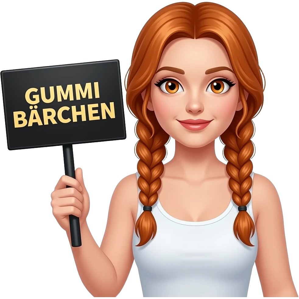 sexy girl with long ginger braids and ginger eyes wearing a white tanktop is holding a black sign with GUMMI BÄRCHEN written on it emoji