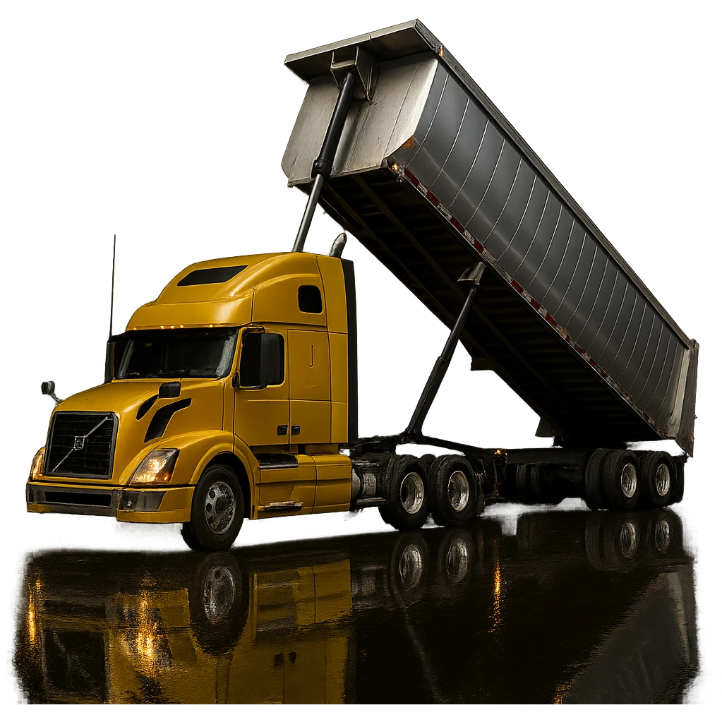 ultra-realistic Volvo yellow semi sleeper truck and silver end dump trailer, trailer tilted up as if dumping, night scene with clear reflections and shadows, no background emoji