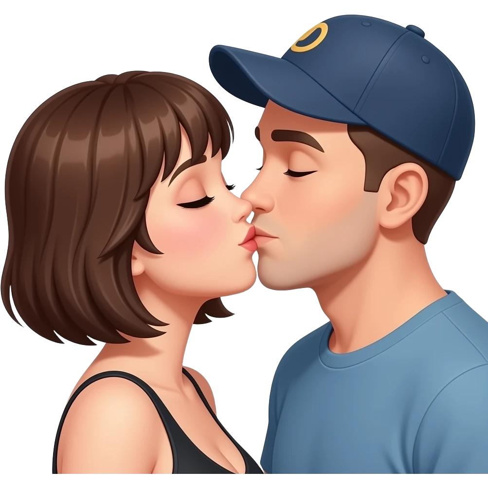Happy In love Sexy lady short brown hair kissing bald man with a cap emoji