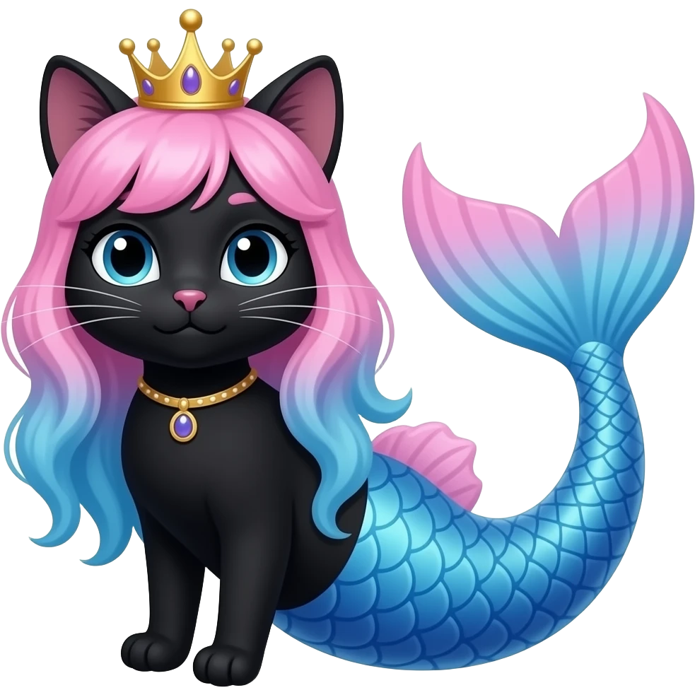 A black cat pink and blue hair wearing a crown with very long #B8FFFF mermaid tail with pink fins  in cartoon style emoji