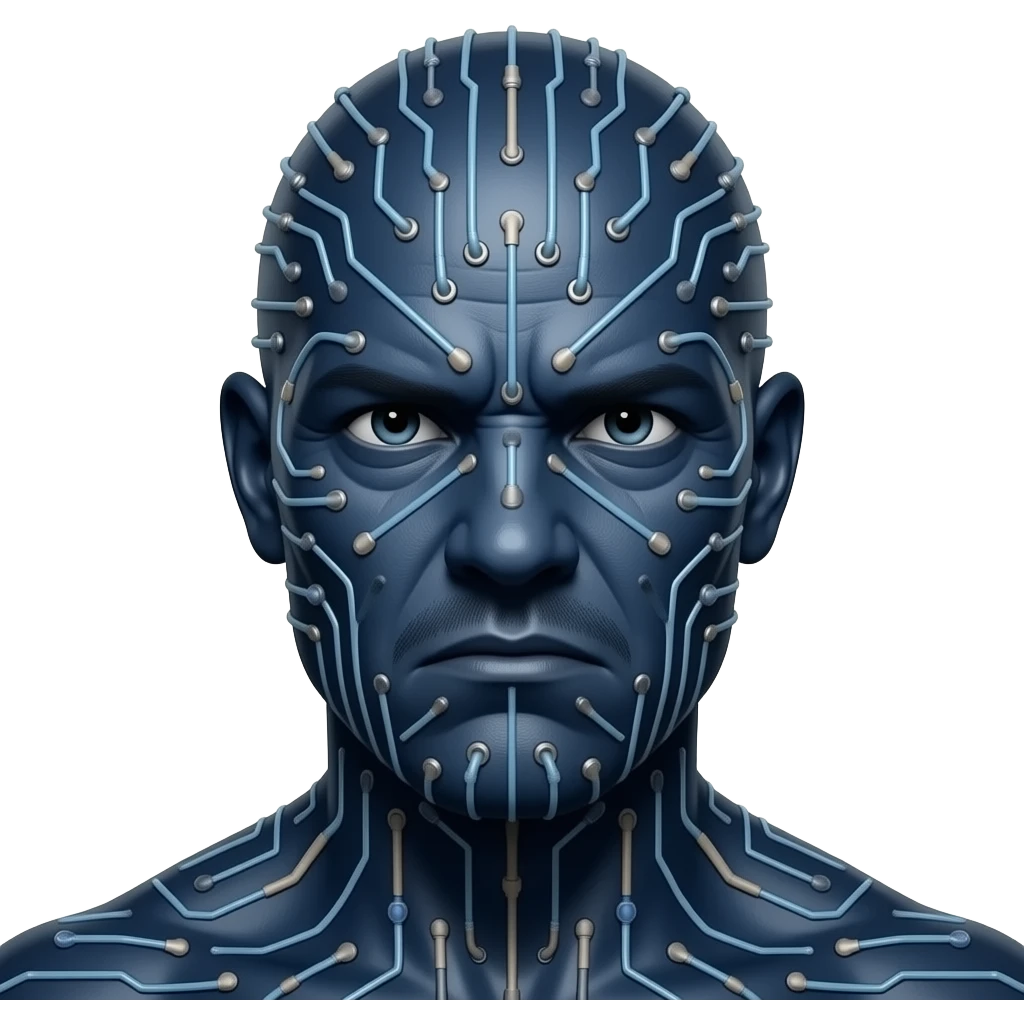 The image features a stylized prehistoric and frowning portrait of Blaze Bayley with dark blue skin covered in computer circuitry and small tubes emoji