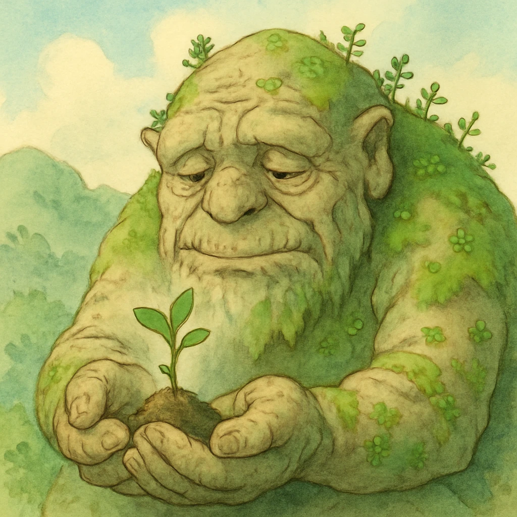 An ancient mountain spirit resembling a wise old creature with stone-like skin covered in moss and small plants growing from its body, gently cradling a tiny sapling, painted in a soft whimsical style emoji