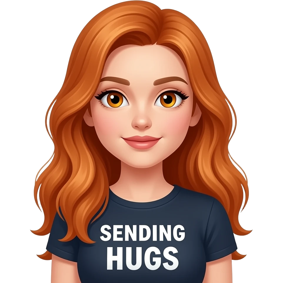 sexy girl with long ginger hair and ginger eyes a top with SENDING HUGS written on it emoji