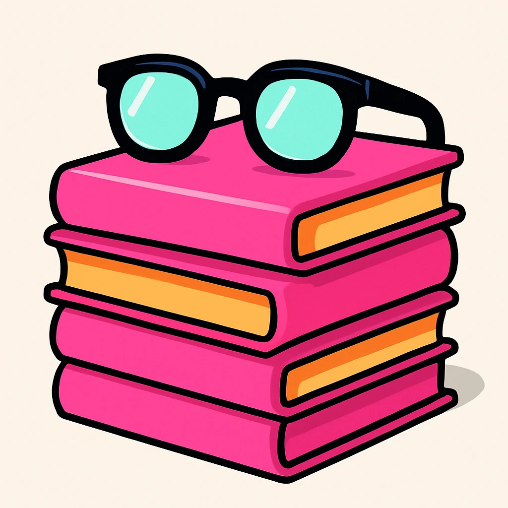 A pile of pink books with glasses on top emoji