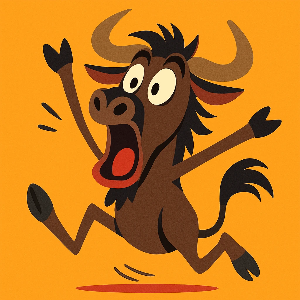 cartoon gnu jumping in surprise, mouth open, lively expressive cartoon style emoji