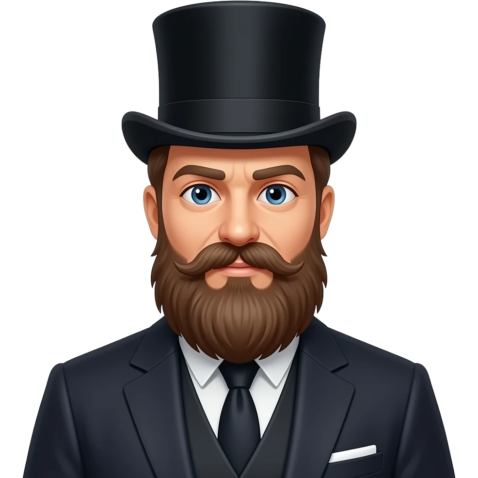 Man wearing a gentleman suit and top hat and a full long beard and a long mustache emoji