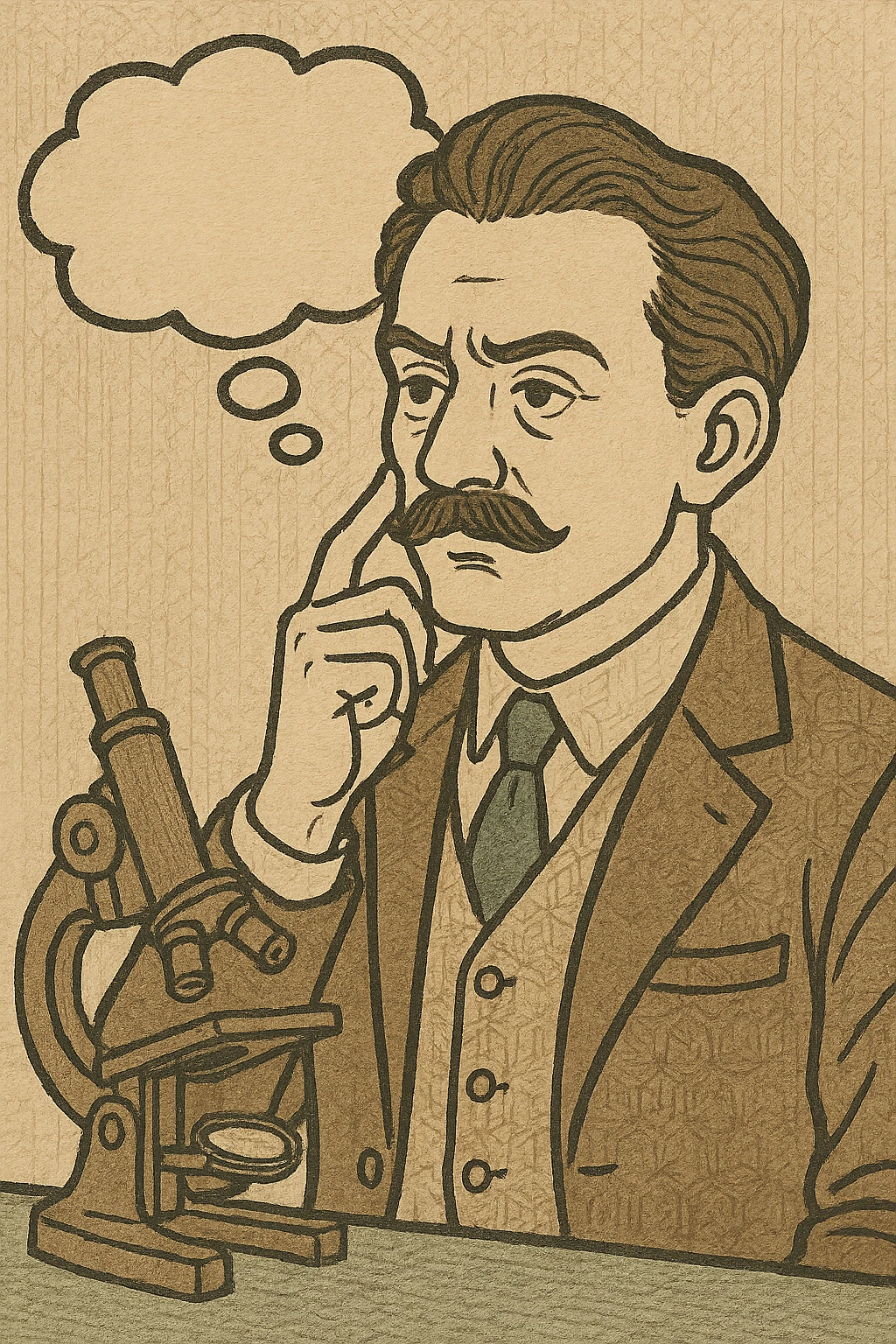 A 1920s scientist with a moustache thinking emoji