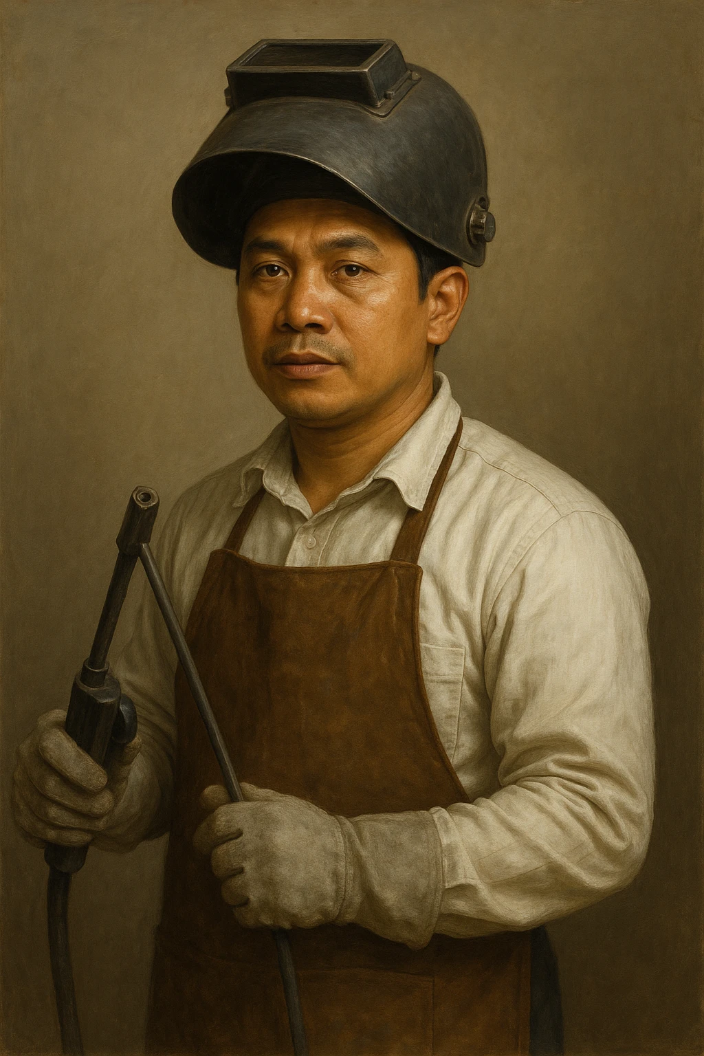 Сгенерируй мне в стиле реалистичной живописи на однородном фоне сварщика индонезийской внешности. Он одет опрятно и чисто emoji