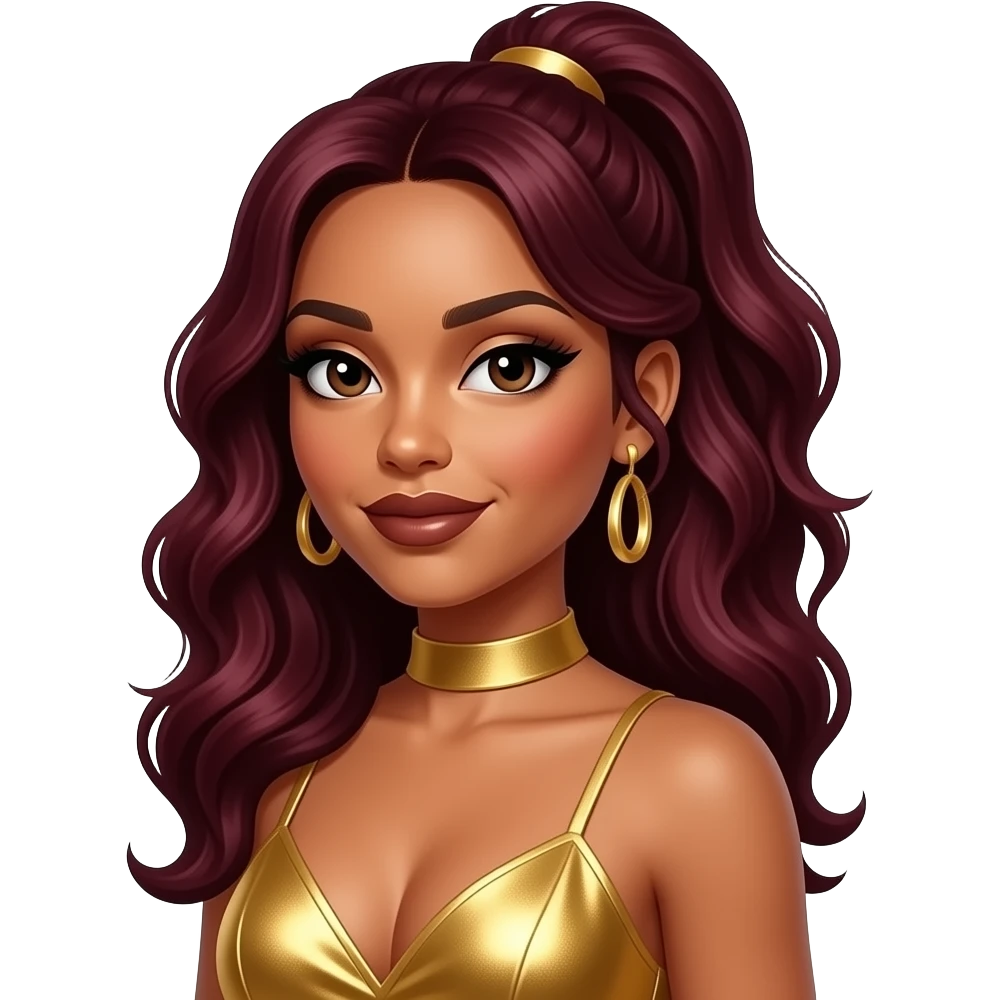 LaTavia Roberson from Destiny's Child with dark brown eyes, long dark red 90s soft curl ponytail hair, gold eyeshadow, dark brown lipstick, gold metallic halter dress, gold earrings emoji