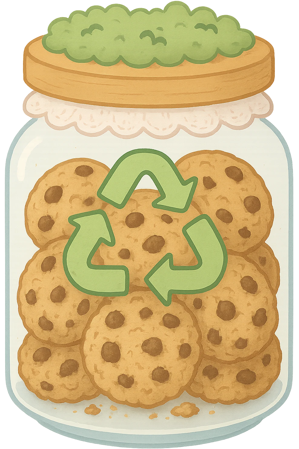 Fill the inside of this exact cookie jar with cookies, keeping the same cottagecore style, glass jar, wooden lid, lace, moss, and recycling symbol. No words or text. Maintain the transparent background. The style is cottagecore with delicate details on the glass jar, wooden lid, lace, moss, and recycling symbol. emoji