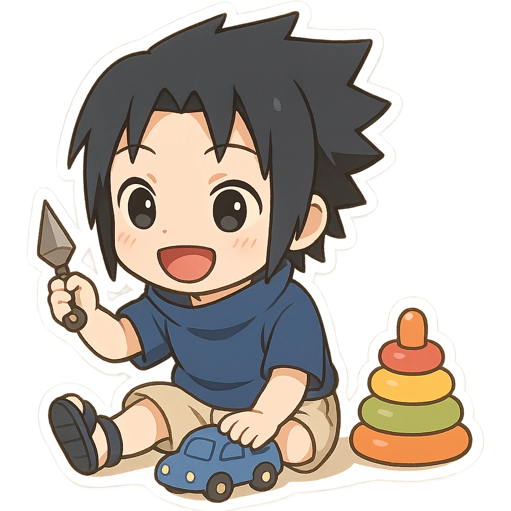 Kid Sasuke, playing with toys with a bright smile, adorable chibi sticker, innocent version of Sasuke emoji