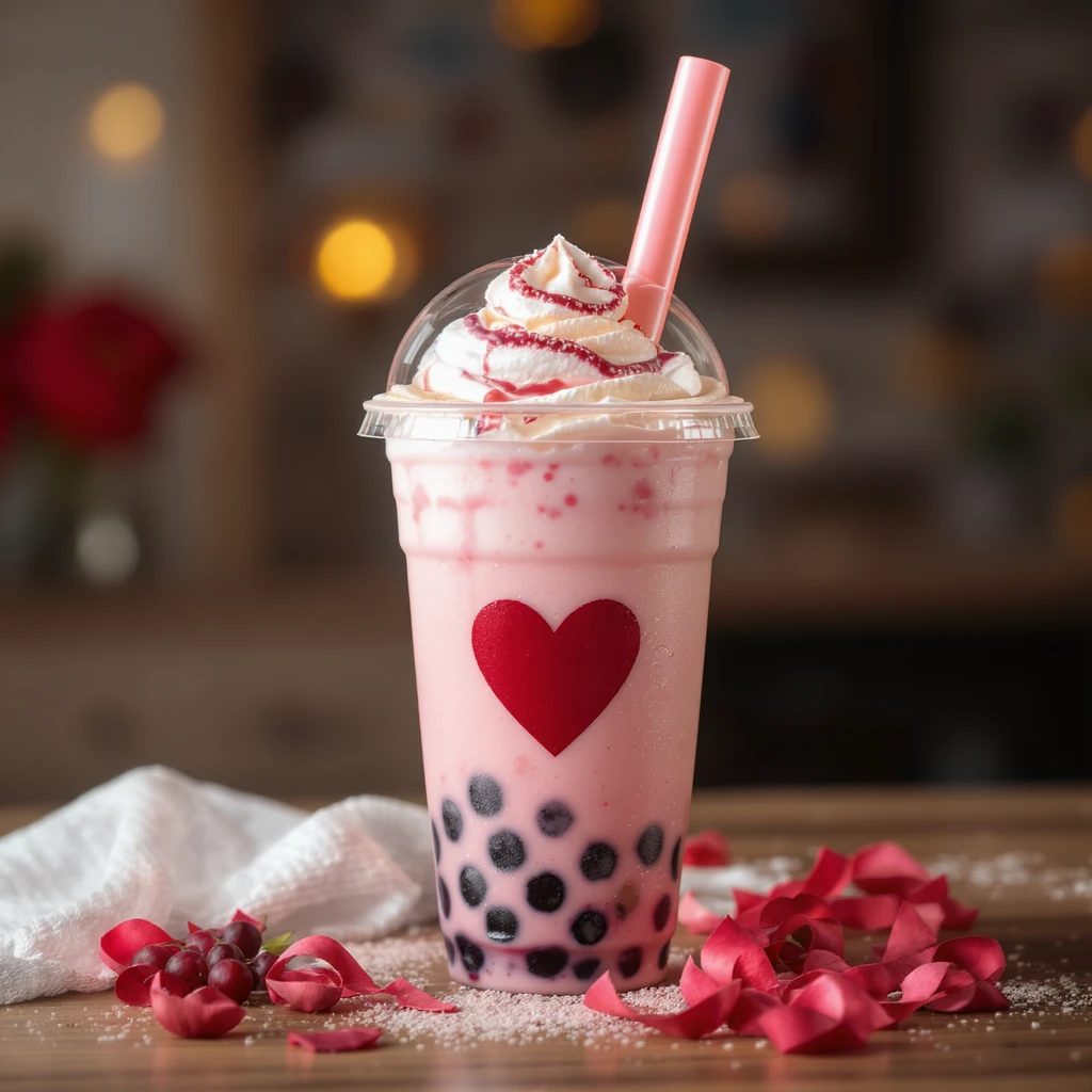 photorealistic elegant pink bubble tea with a heart accent, no background, transparent emoji