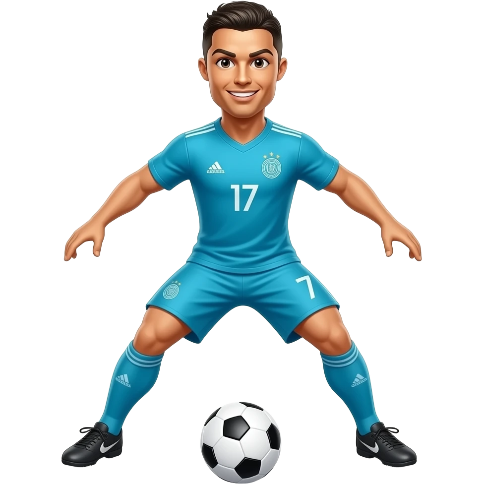 Cristiano Ronaldo con ropa azul turquesa haciendo una chilena emoji